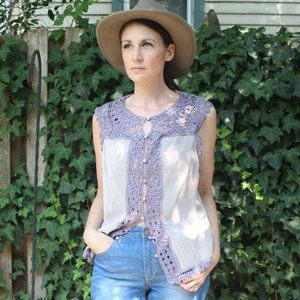 Vintage Boho Lavender Crocheted Suede Vest